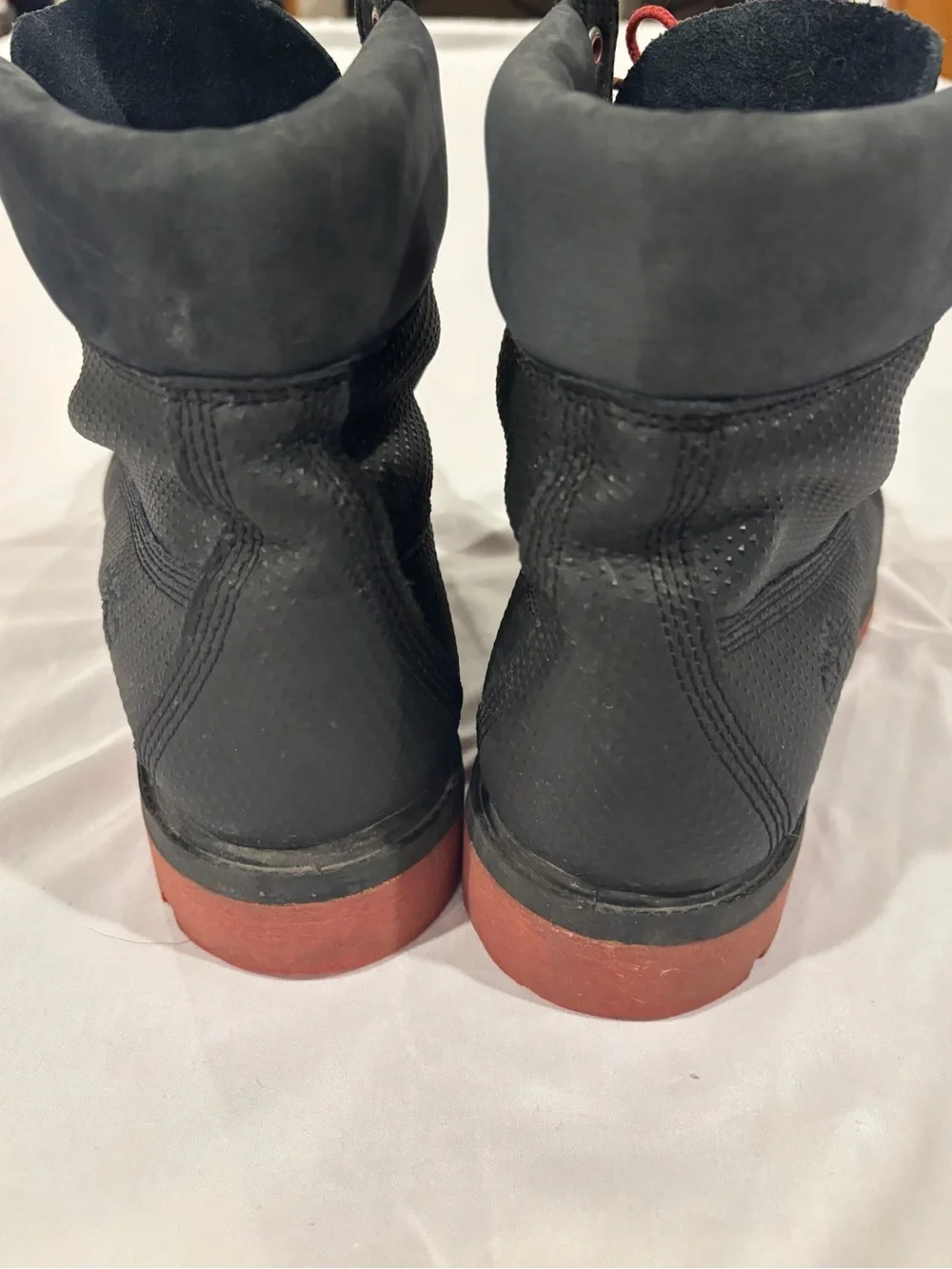 Timberland Premium 6 Inch Waterproof Boots Helcor Leather Black Red Bottoms 11.5